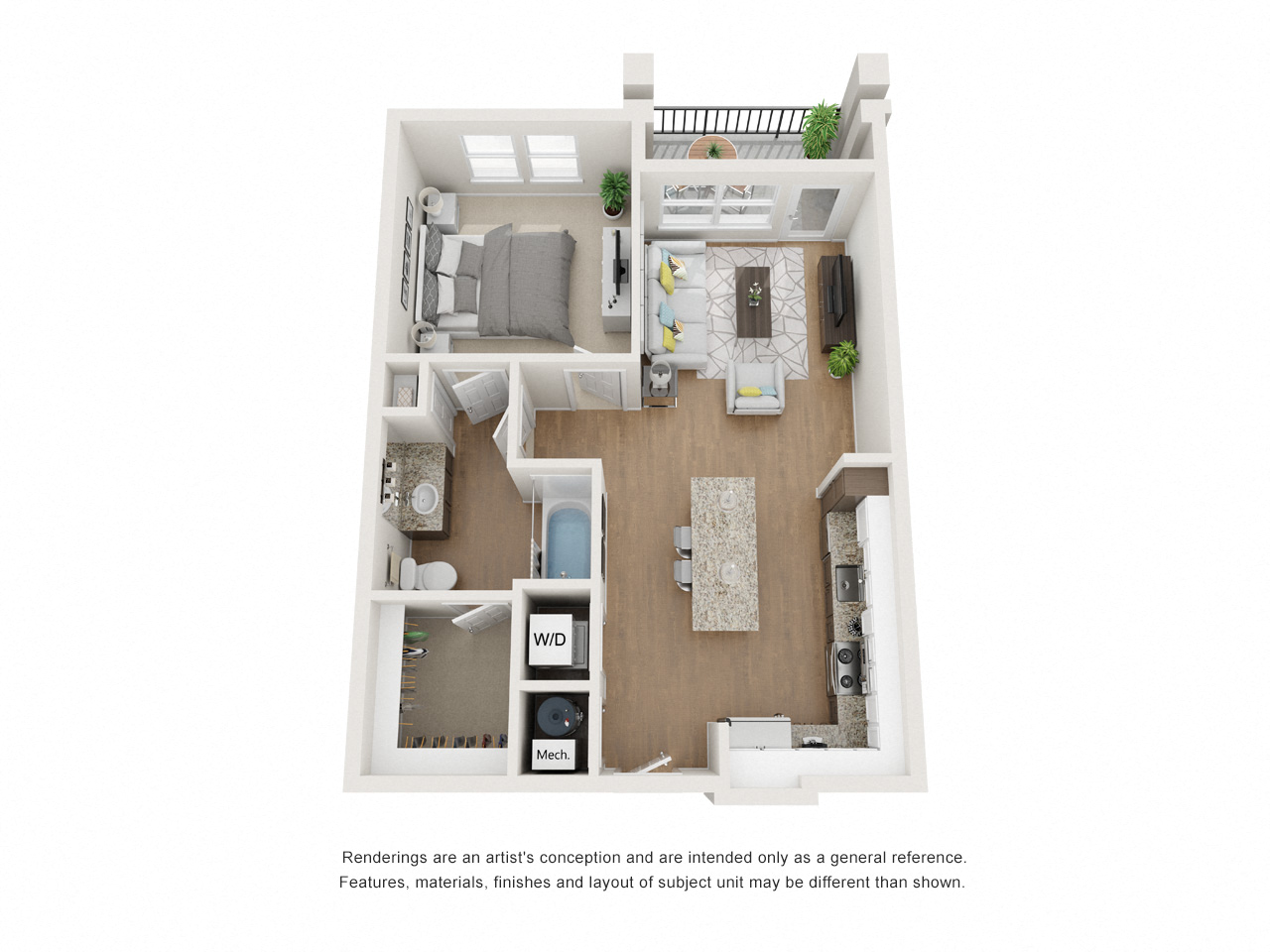 Floor plan for 1 bed, 1 bath, 727 sqft